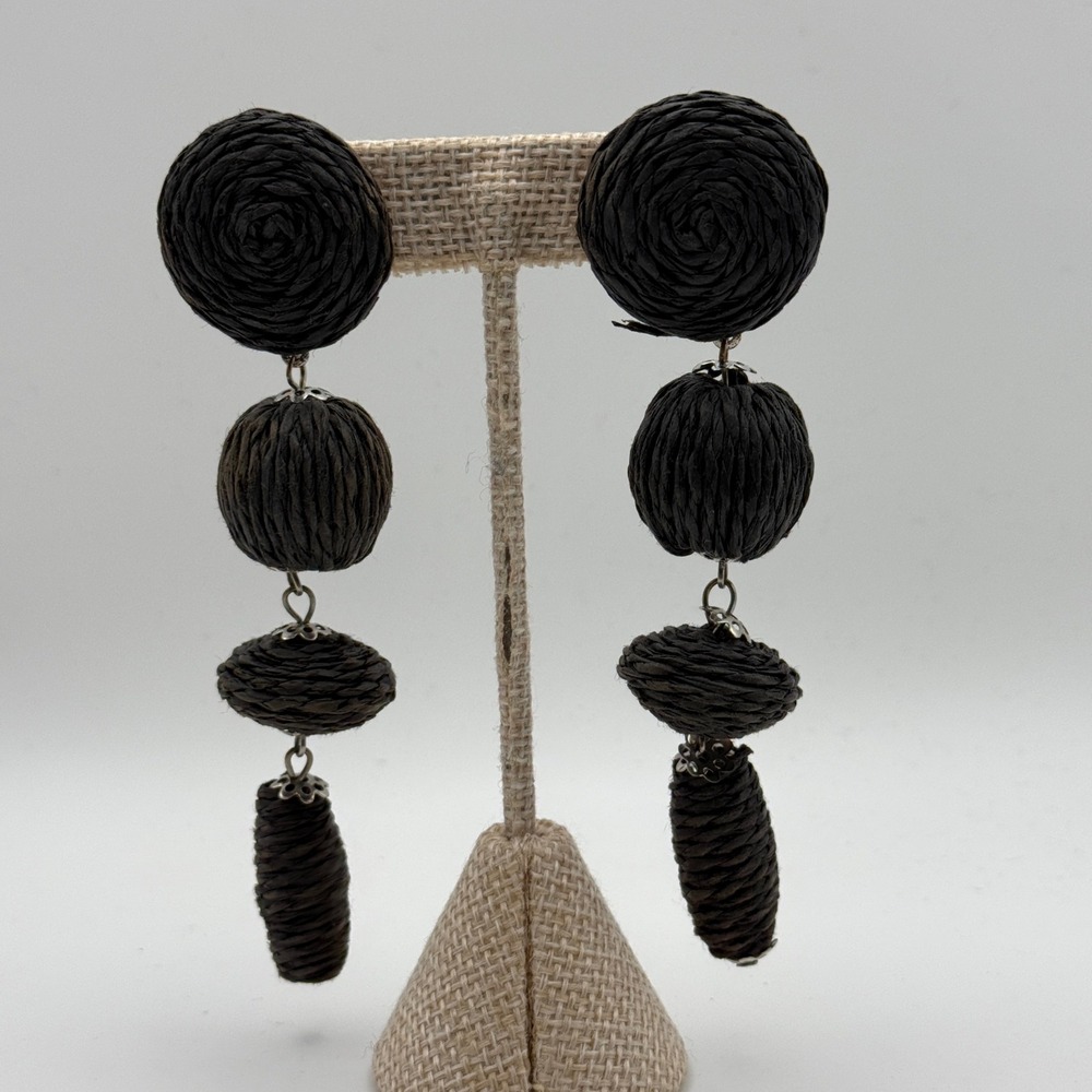 Raffia Boho Beachy Relaxed Shabby Slouchy Drop Dangle Earrings OS Black